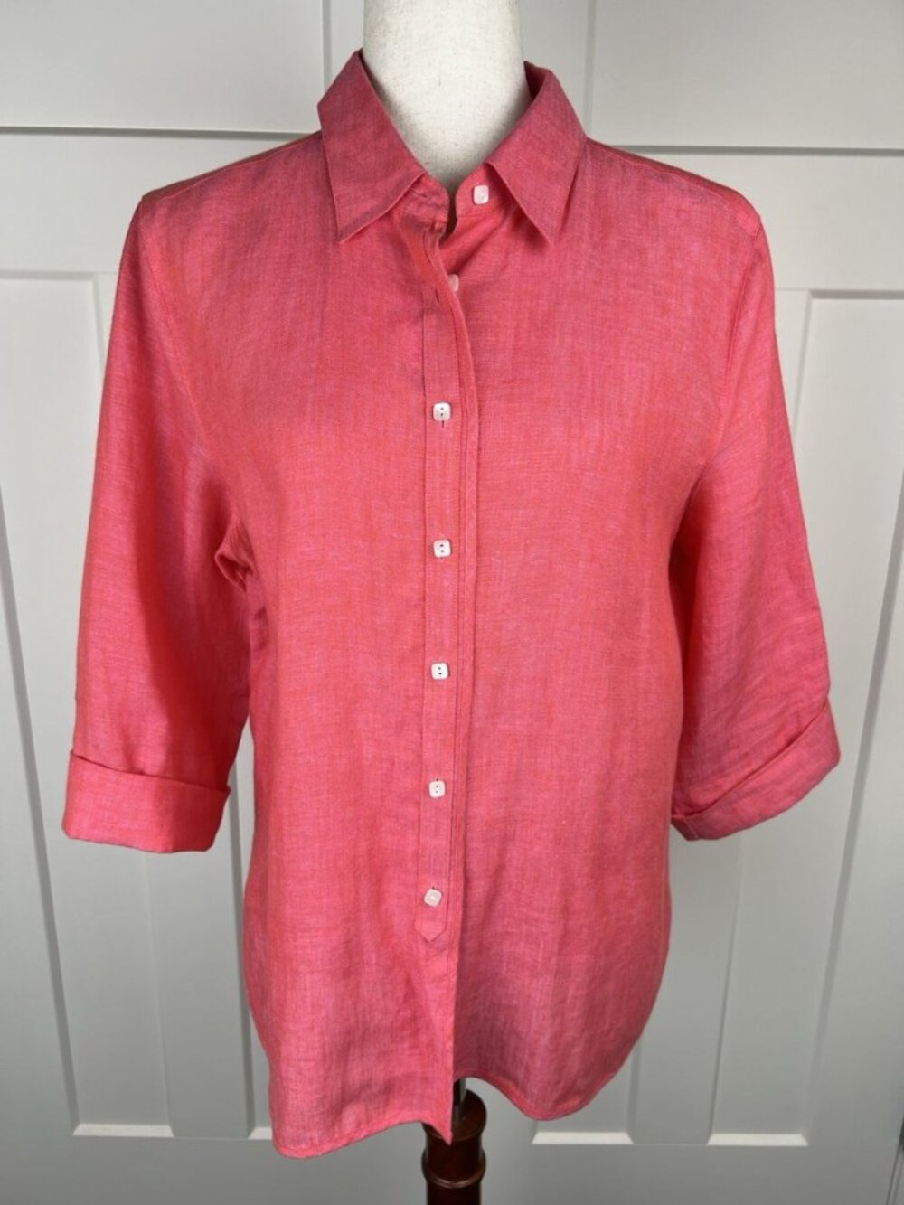 Talbots Irish Linen Shirt Womens 14 Pink Orange Button Front 3/4 Sleeve Blouse